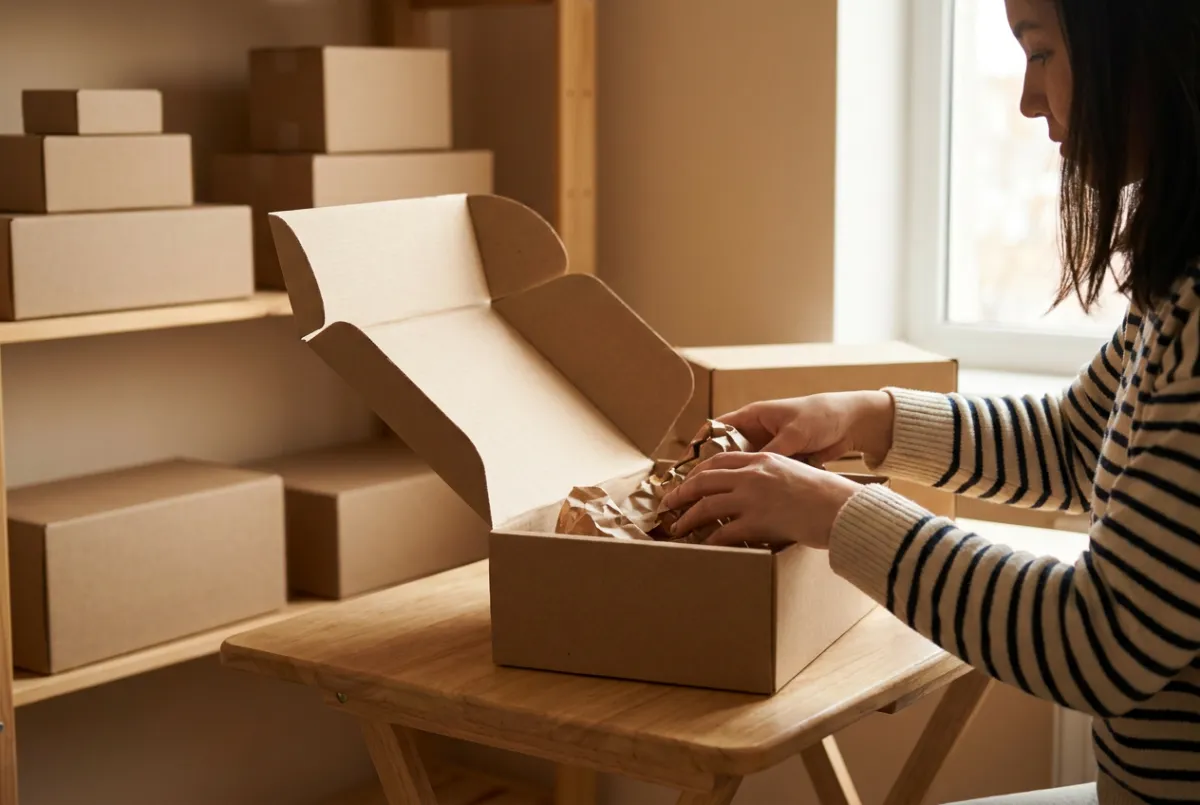 Продавец упаковывает заказ в коробку